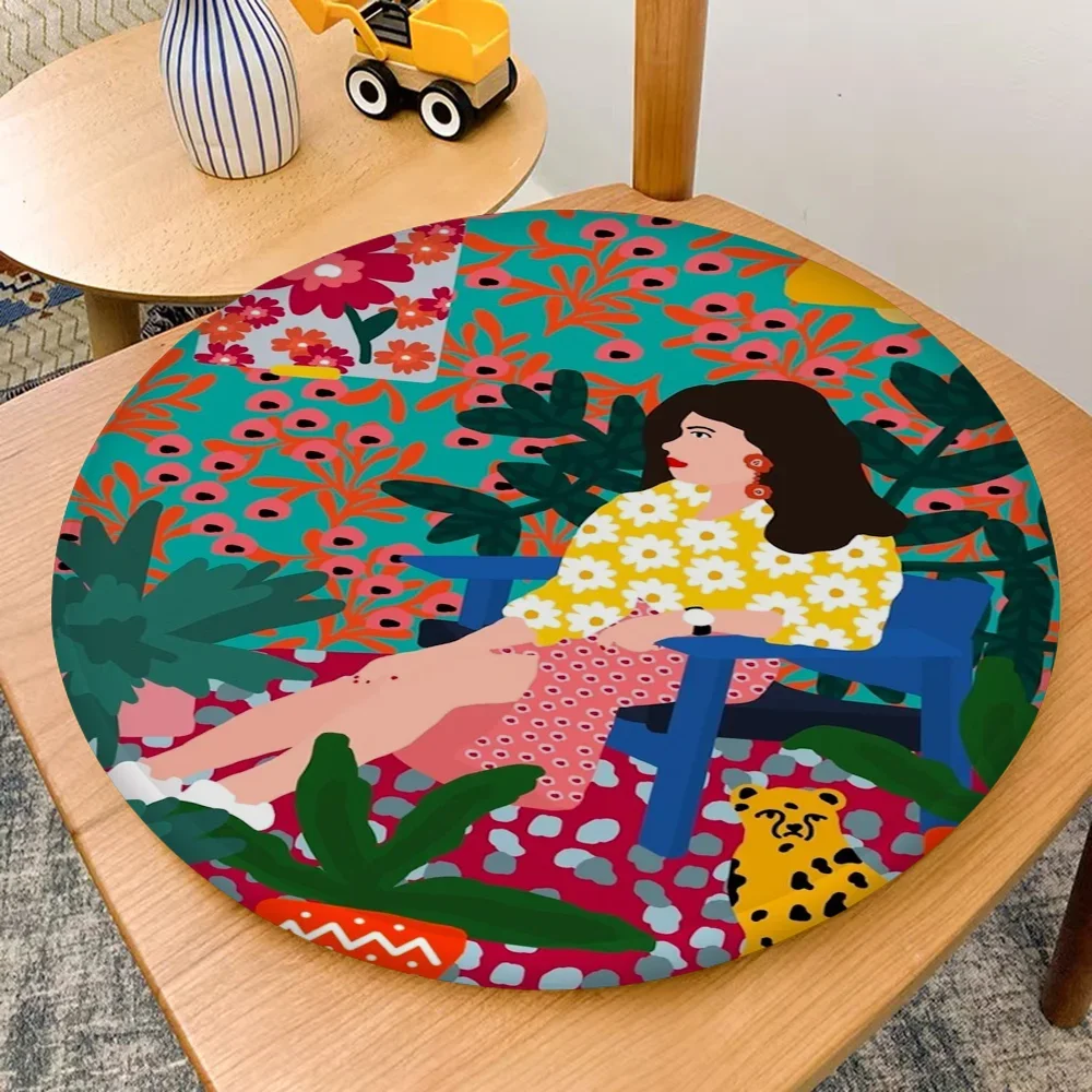 Girl Relaxing Green plants Print Cushion Mat Round Chair Mat Soft Pad Seat Cushion For Dining Patio Home Office Indoor Outdoor