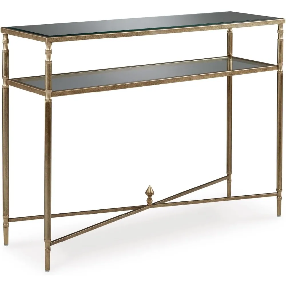 

Metallic Industrial Style Round Leg Mirrored Sofa Table with Glass Shelf