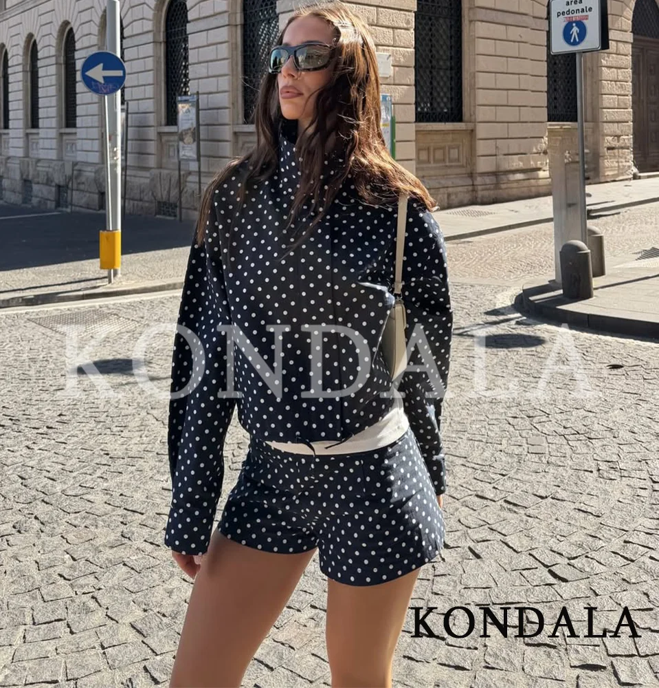 KONDALA Damen Polka Dot Shorts-Set mit Stehkragen-Jacke, Mini-Shorts Urlaubs- und High-Street-Damen-Set 2026 Frühling Sommer Neuer Trend