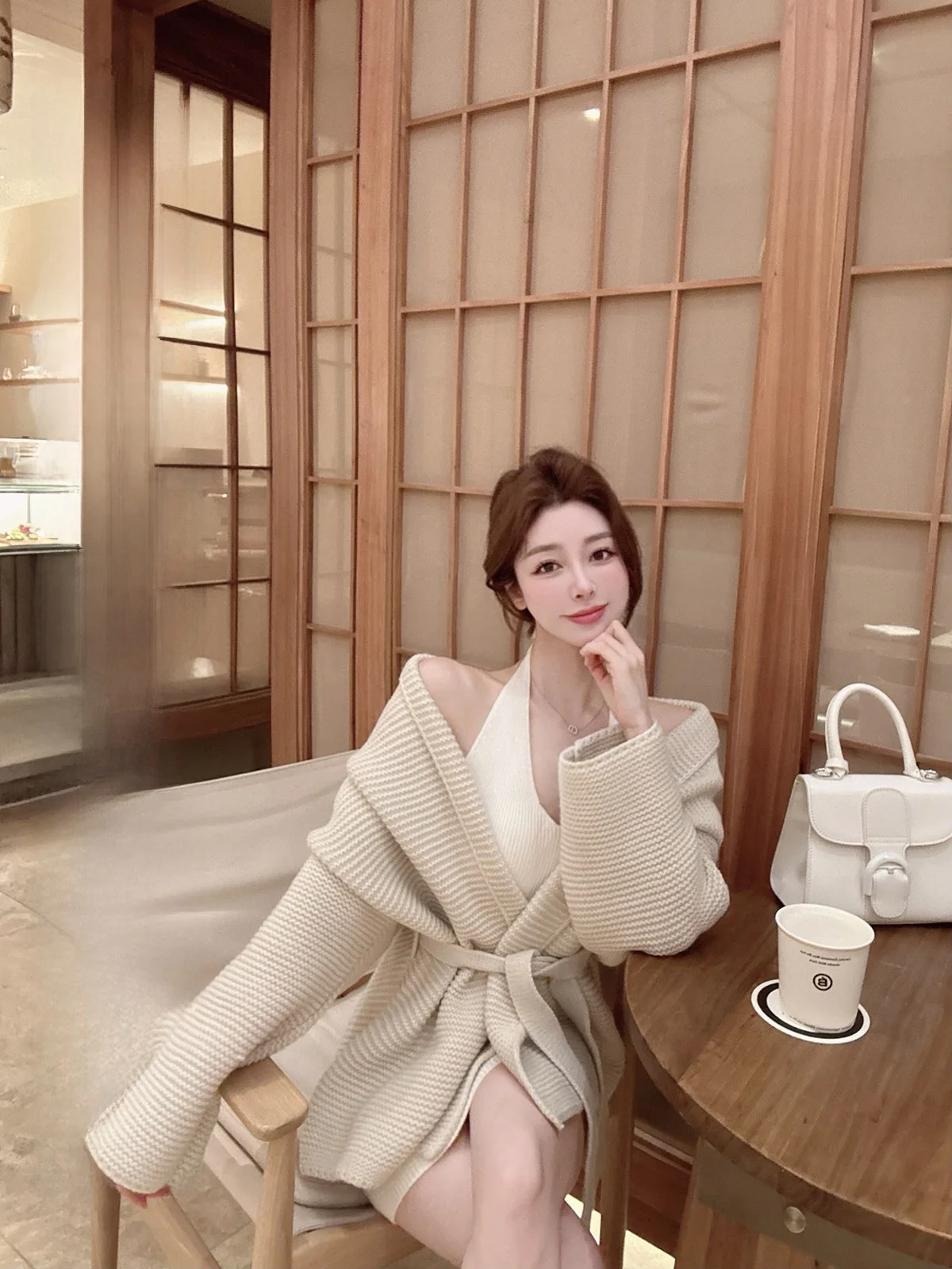 

CCZEE Spring Special Knitted Open Cardigan Women's Lazy Loose Slimming Waist-Cinching Outerwear Top with Belt Pure Color Comm...