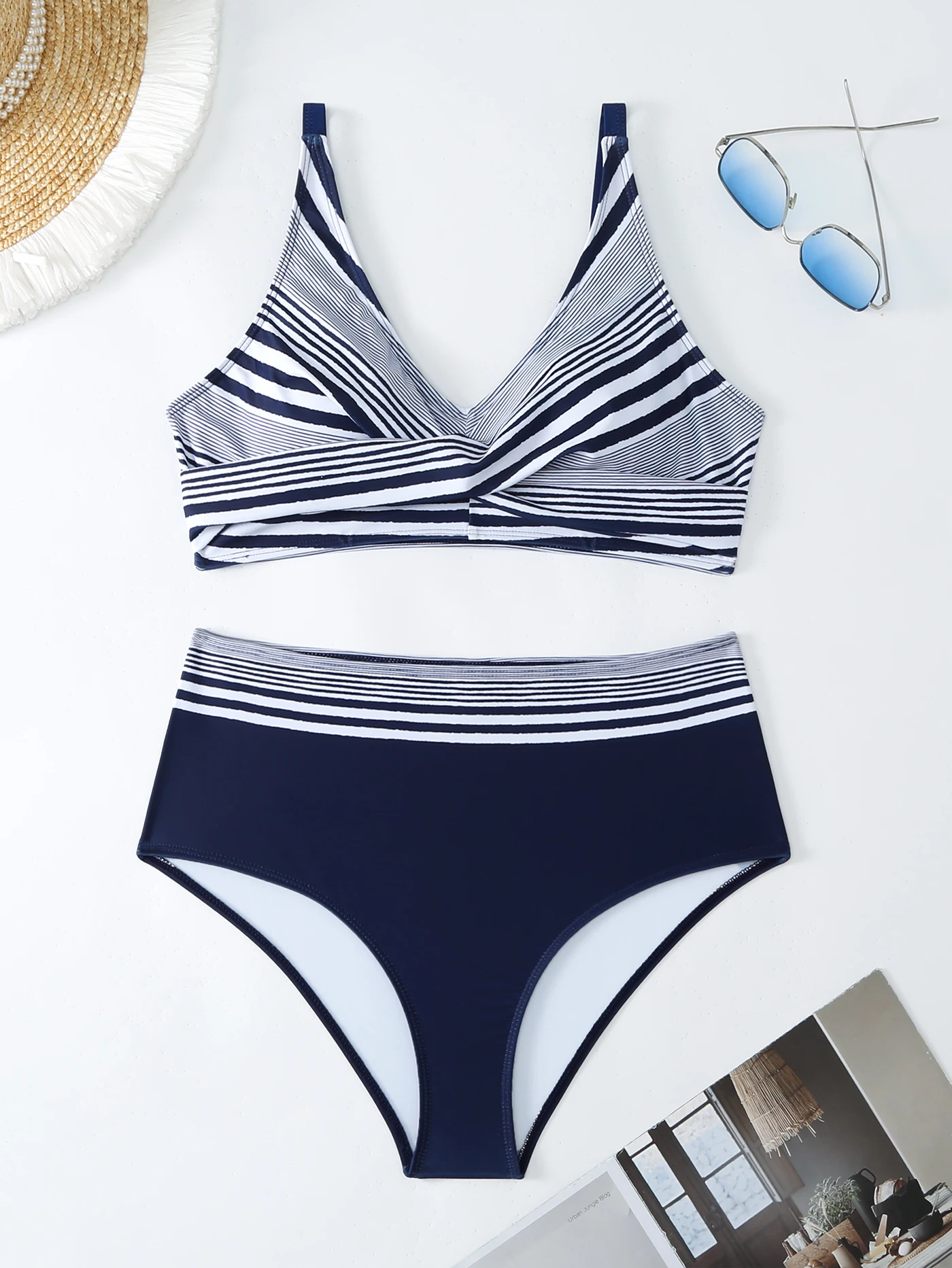 

Women's Summer Vacation Tankini Set - High Stretch Crew Neck Swimsuit with Random Print, Knit Fabric 2 Piece Tropical Bikini