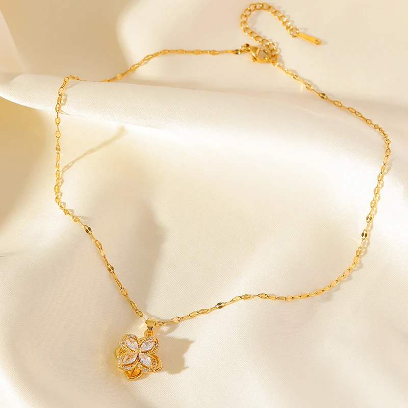 EILIECK Neue Mode Edelstahl Rotierendes Grünes Kleeblatt Zirkon Halsketten-Armband-Set für Frauen Trendiger Wasserdichter Schmuck Geschenk – Detail 18