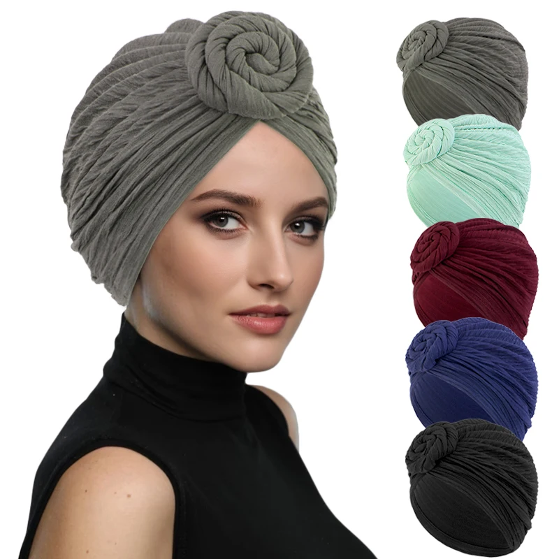 Women Muslim Turban Ethnic Style African Knot Headwrap Elegant Pleated Beanies Headscarf Ladies Cap Solid Color India Hat