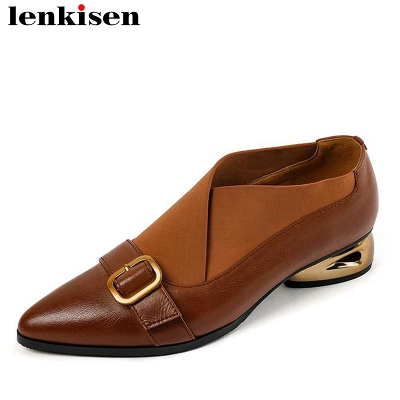 

Krazing Pot Large Size 41 Full Grain Leather Round Toe Spring Shoes Med Heels Splicing Metal buckle Slip on Grace Brand Pumps