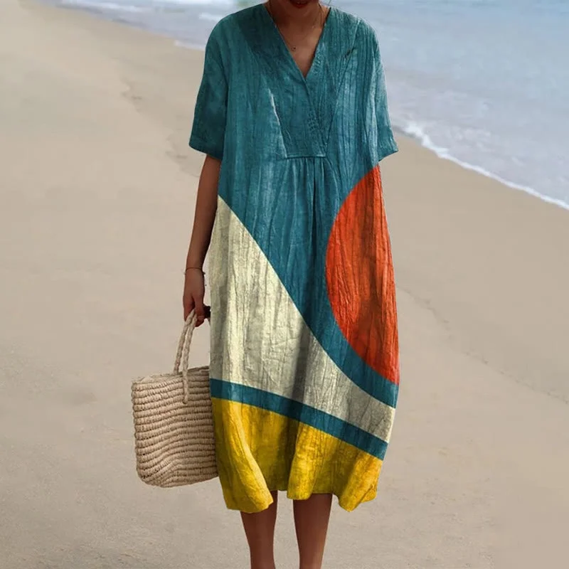 Abito midi da donna con stampa geometrica a blocchi di colore, scollo a V, maniche corte, oversize, estivo, da spiaggia, taglie forti fino alla 5XL