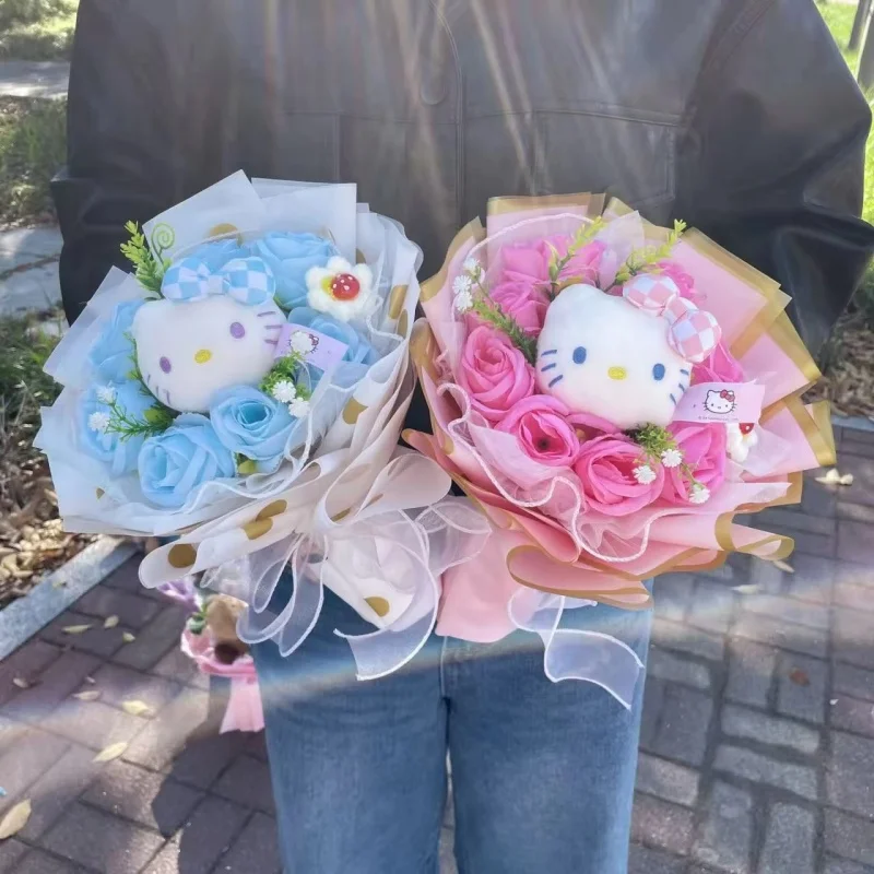 Echte Hellokitty Katzen-Plüschpuppe Gefüllte Tiere mit Blumen Kreativer Handgefertigter Blumenstrauß Valentinstag Weihnachten Abschlussgeschenke – Detail 6