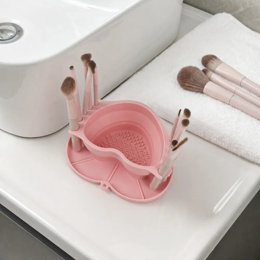Collapsible Silicone Makeup & Artist Brush Cleaner with Textured Base Thickened Drying Rack & Storage Tray Hanging Hole