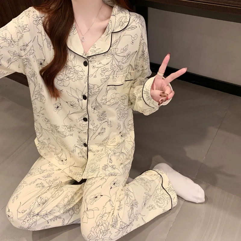 Women's Pajamas Set Ink Flower Print Home Wear Wrinkled Fabric Design Long Sleeve Top & Elastic Waist Pants Pajamas New Sweet