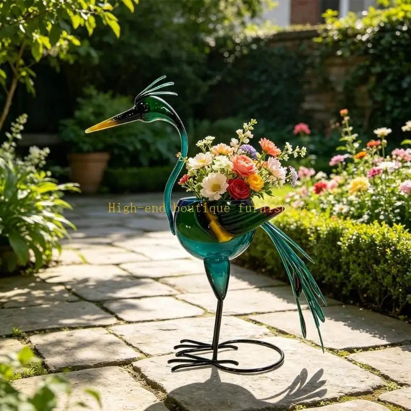 L9NB Metal Bird Flower Bowl Stand Piece for Outdoor Lawn Balcony Display, Blue Green Pot for Entryway Flower Grouping and Yard