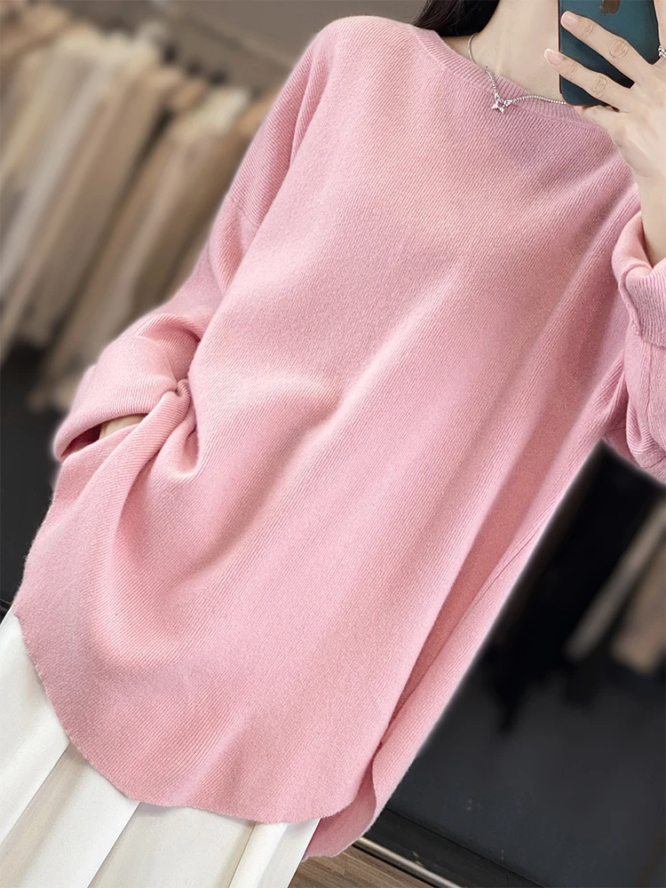 Fashion Women Round Collar Sweater 100% Merino Wool Pullovers Autumn Winter Loose Cashmere Knitwear Female Clothes Korean Tops