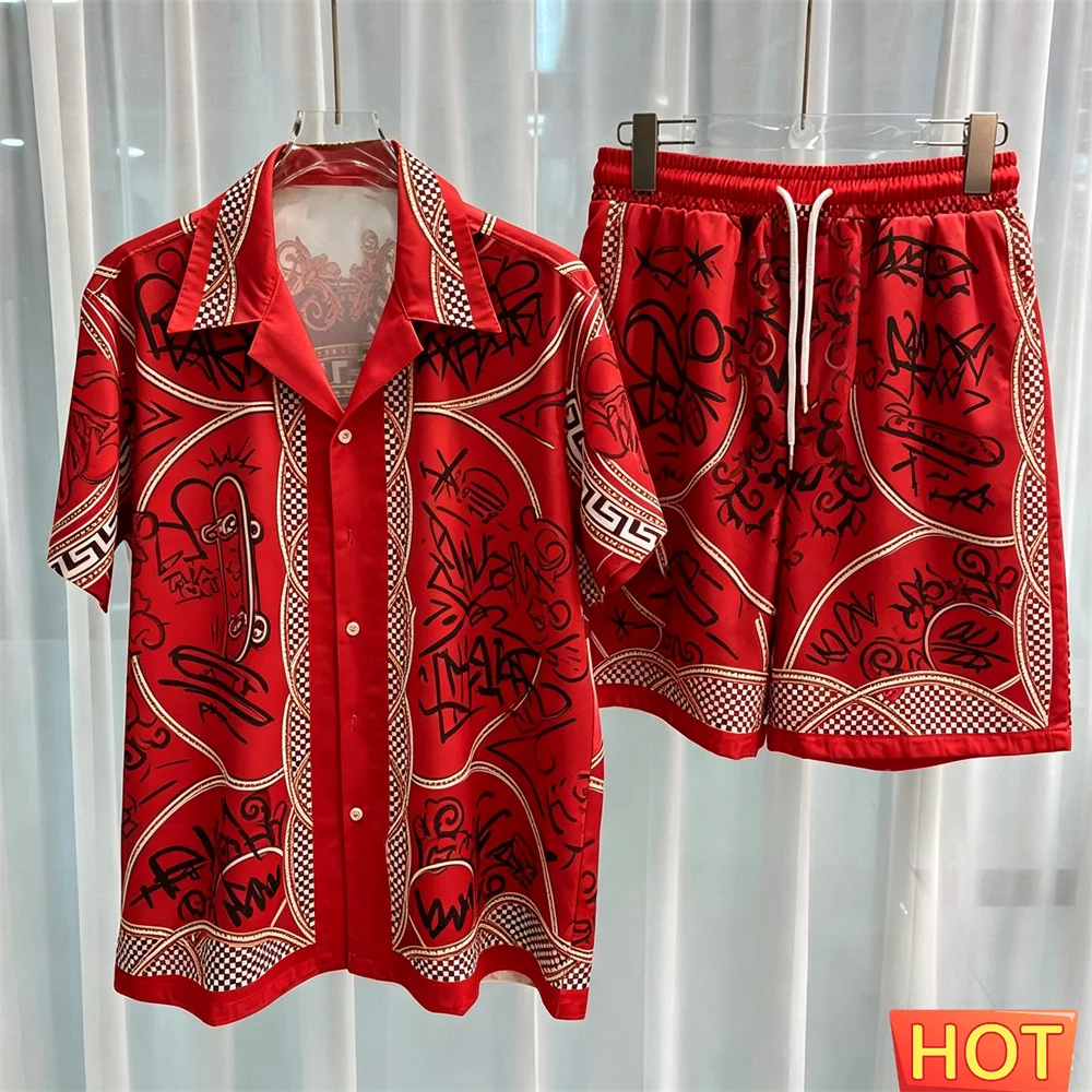 Summer New striped men shirt set two-piece set Loose Thin Short Sleeve Short Graffiti shirt set men outfit Men vacation clothing