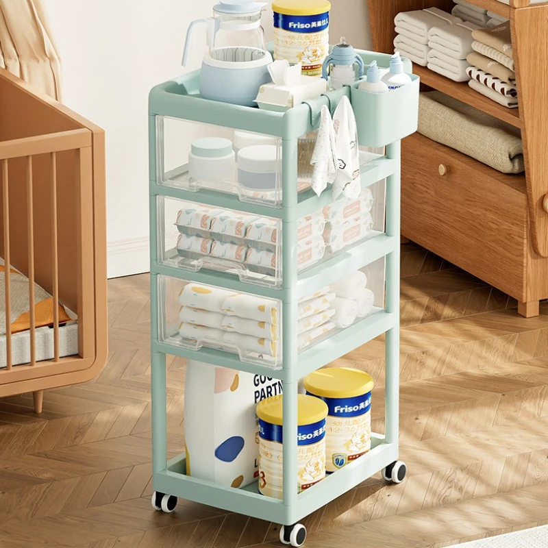 ‌Creamy Style Rolling Cart,Large Capacity Multi-Drawer Storage Organizer,Baby Essentials Transparent Trolley, Home Shelving Unit