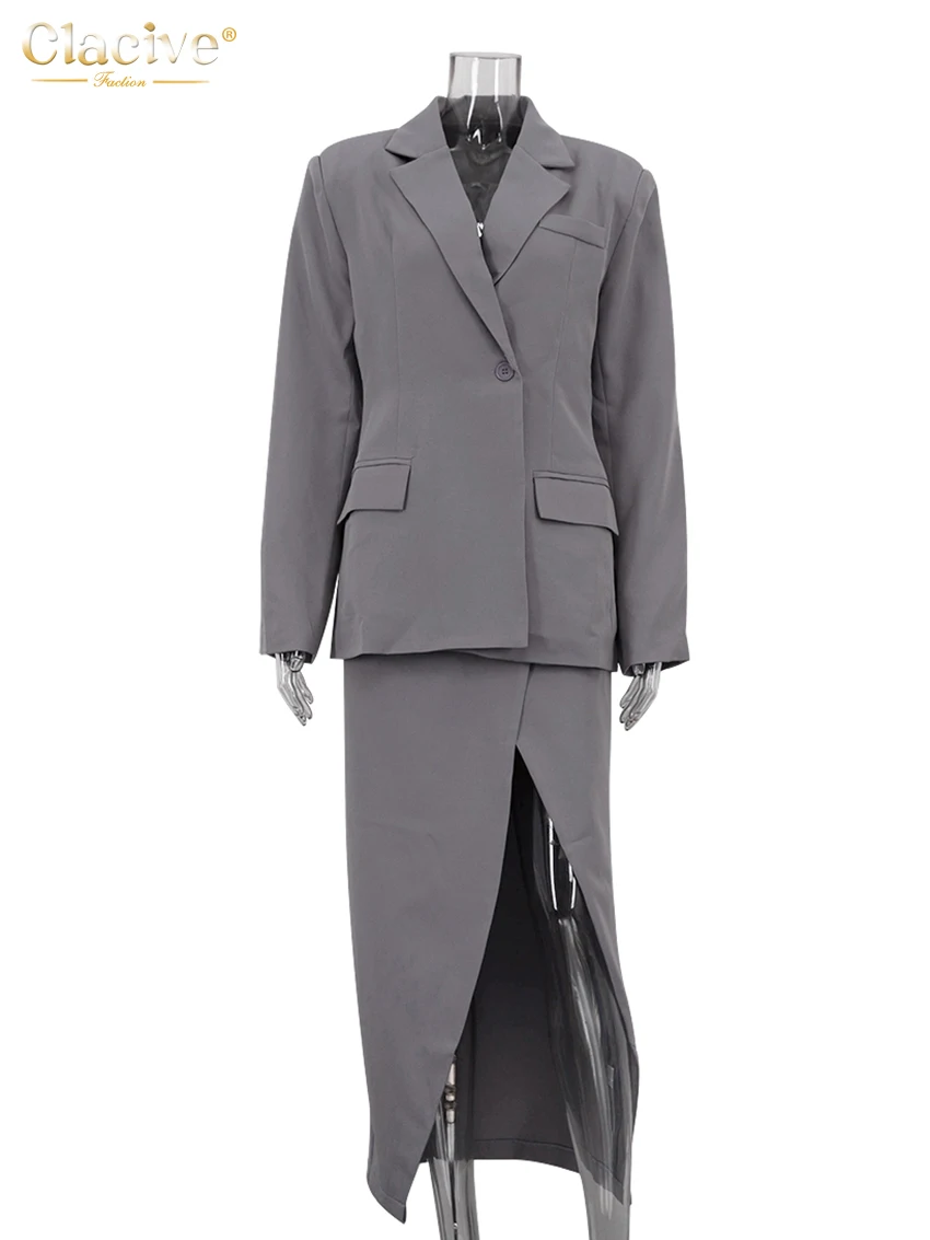 Clacive Fashion Loose Grey Office Set da 2 pezzi Completo da donna 2025 Elegante giacca a maniche lunghe con gonna lunga a fessura a vita alta