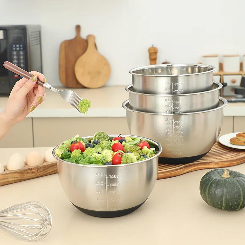 

Silicone base thickened with lid cooking basin anti slip salad mixing bowl stainless steel egg beater bowl for kitchen baking