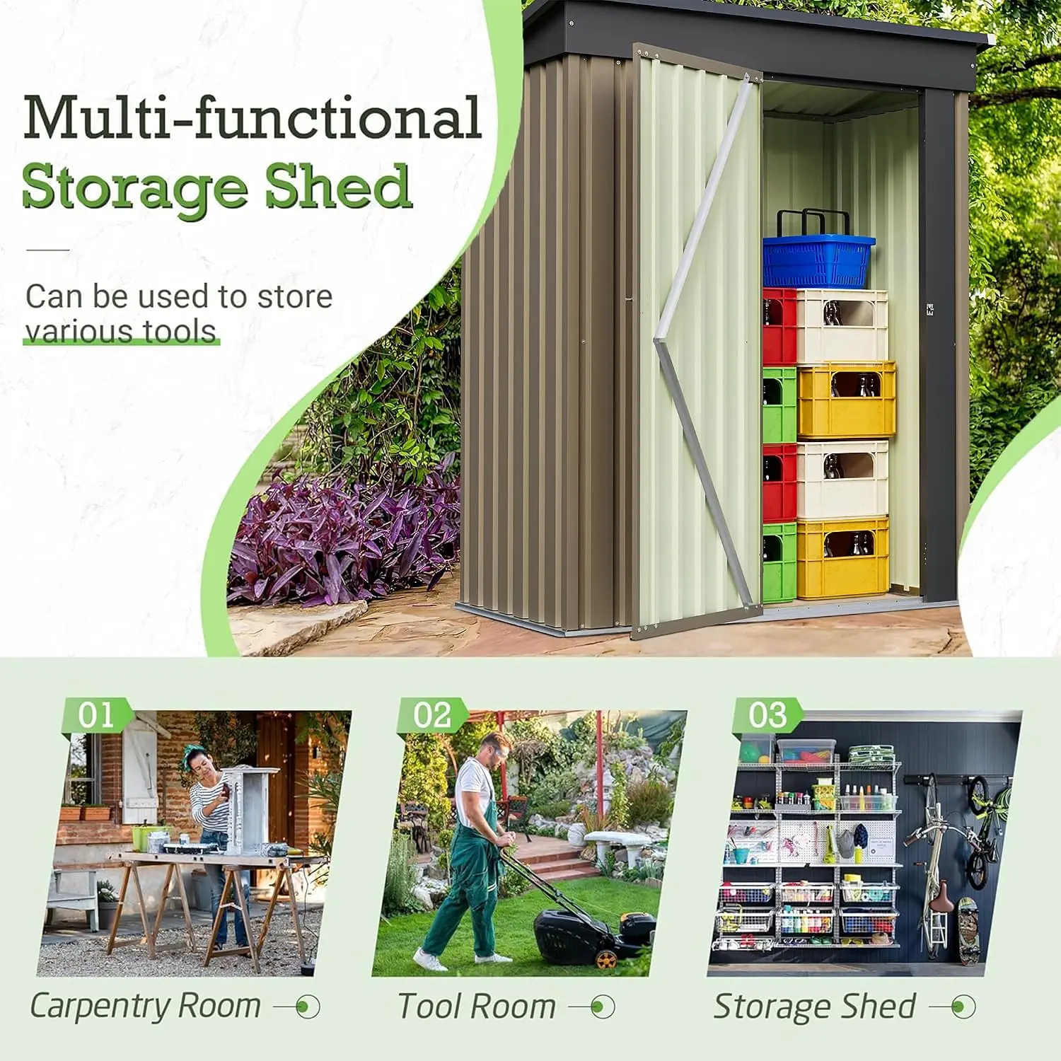 5x3 FT Outdoor Storage Shed, Metal Garden Sheds Outdoor Storage House with Single Lockable Door for Backyard Patio Lawn, Brown
