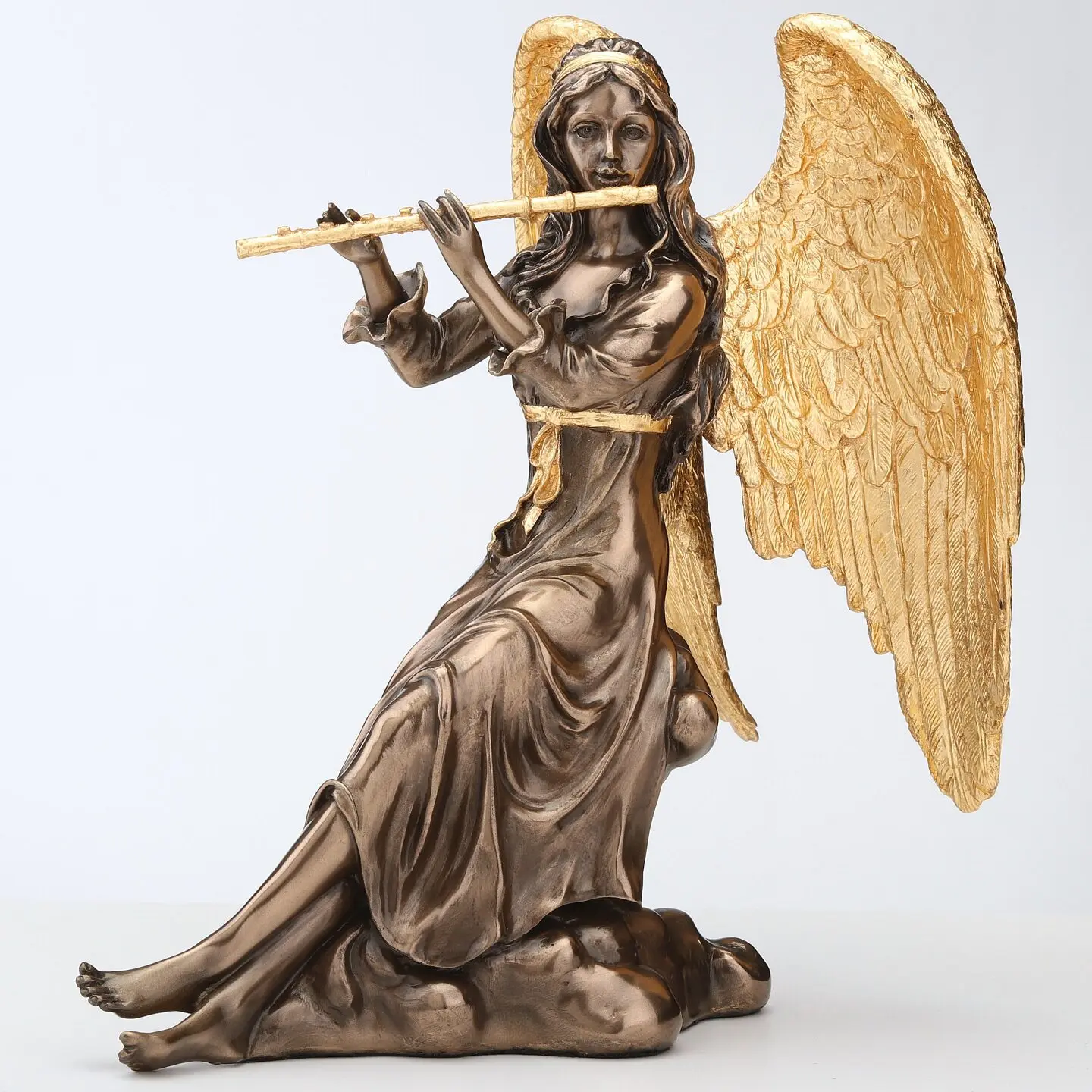 Angel Statue with Golden Wings Playing Flute Resin Sculpture Home Decor Figurine Classical Music Angel Ornament for Living Room