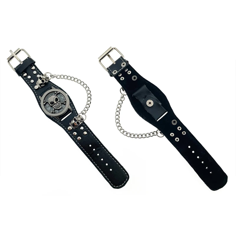 New Leather Flap Dial Chain Skull Gothic Matching Men's Watch Quartz Clock Halloween Gift Box