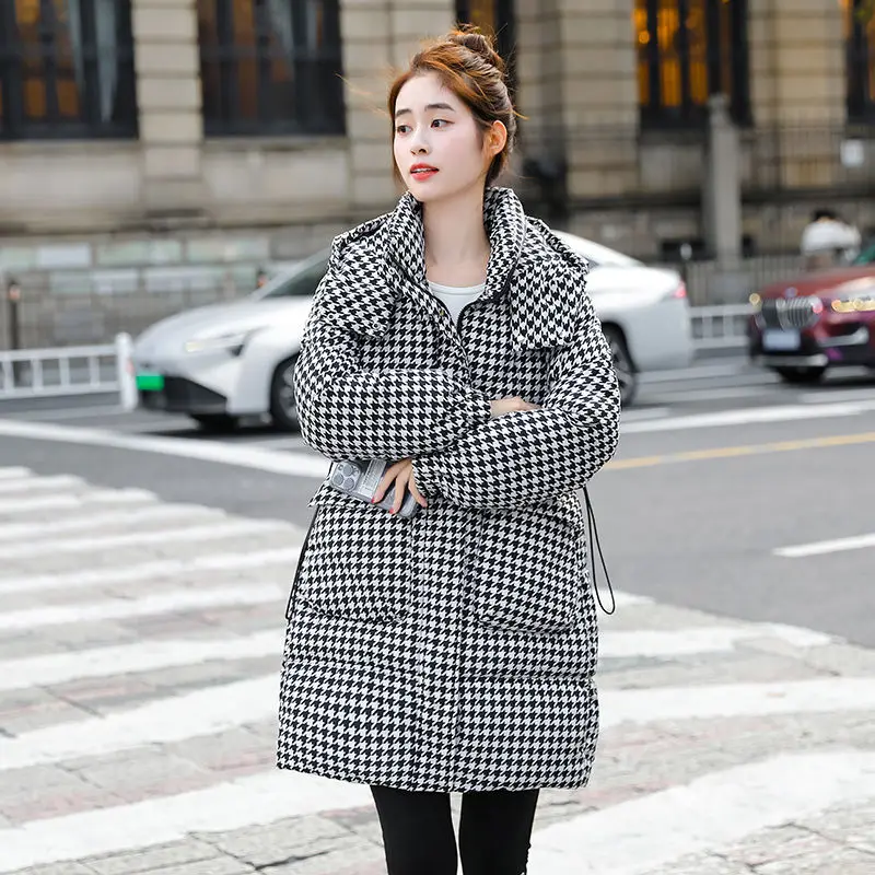 Winter Women Fashion Houndstooth Cotton-Padded Coat Female Mid-Length Loose Thick Outwear Big Pockets Casual Hooded Warm Parkas