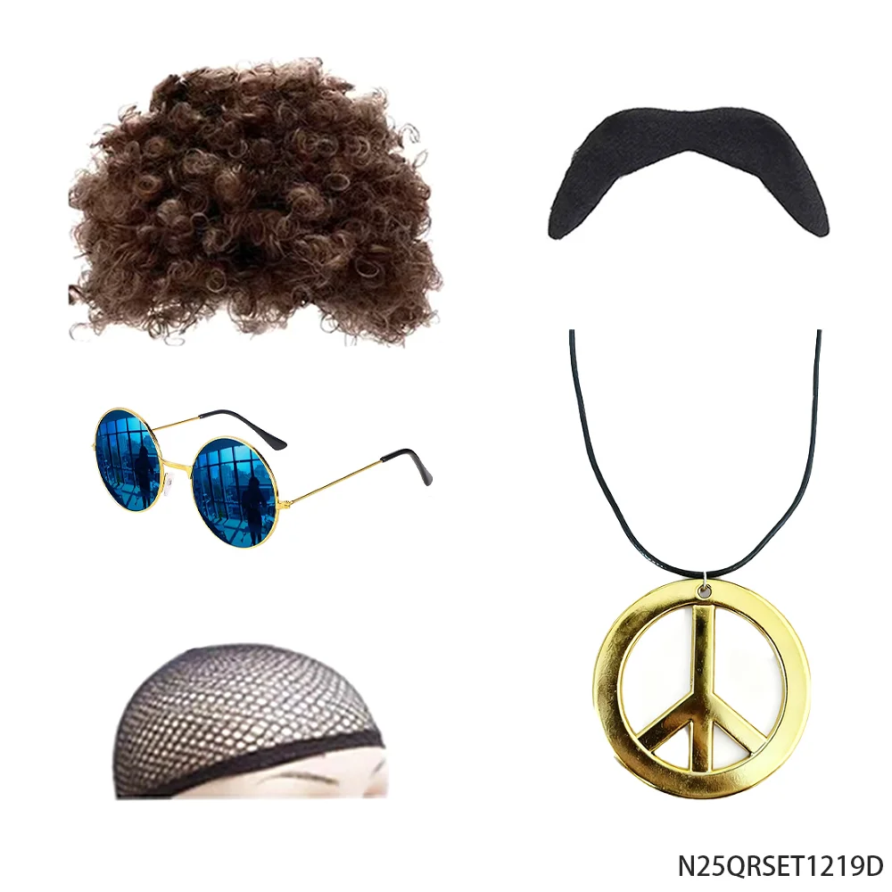 Akcesoria do kostiumów retro z lat 90.: Kręcona peruka, wąsy, naszyjnik z symbolem pokoju, okulary przeciwsłoneczne – idealne do strojów hippie/vintage z lat 90.