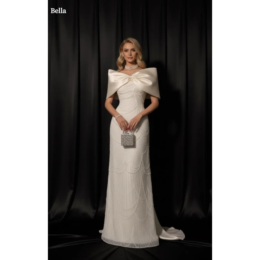 

Bella Индивидуальные белые вечерние платья с жемчугом и бисером, шаль, вечерние платья без рукавов, длиной до пола, платье трапециевидной формы для выпускного вечера