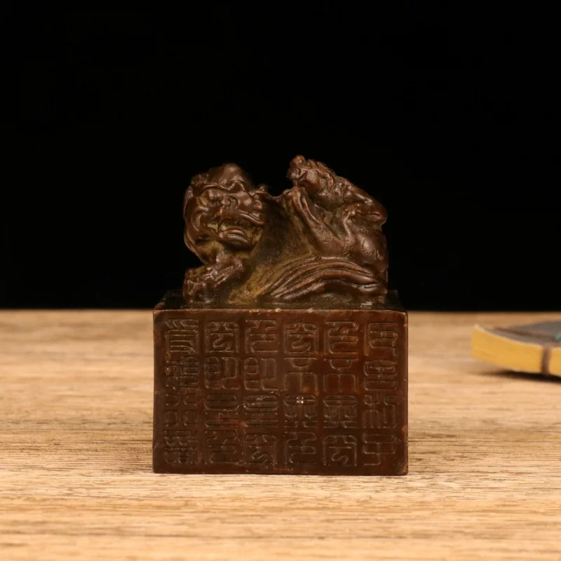 Antique Collectible Copper Double Large Ornament, Distressed Alloy Pixiu Seal Decorative Craft