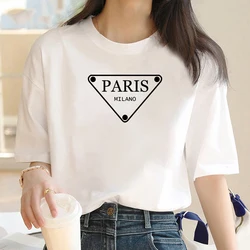 T-Shirt Manches Courtes Col Ras du Cou pour Femme, Marque de Luxe, Mode, Alphabet Parisien Triangulaire, Imprimé, Tendance, Été, Y2K