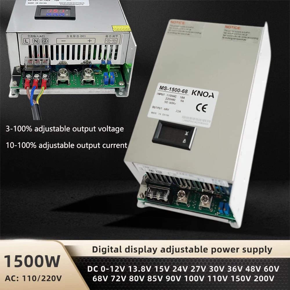 

1500W Digital Display Power Supply 12V 15V 24V 36V 48V 60V 72V 85V 110V 150V 200V AC To DC Voltage Current Adjustable SMPS CV/CC
