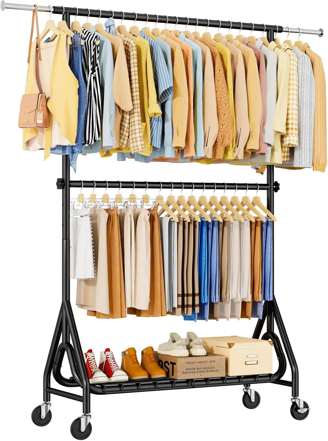 

Heavy Duty Clothes Rack for Hanging Clothes, Double Rods Clothing Rack with Lockable Wheels, Rolling Garment Racks with Shelf