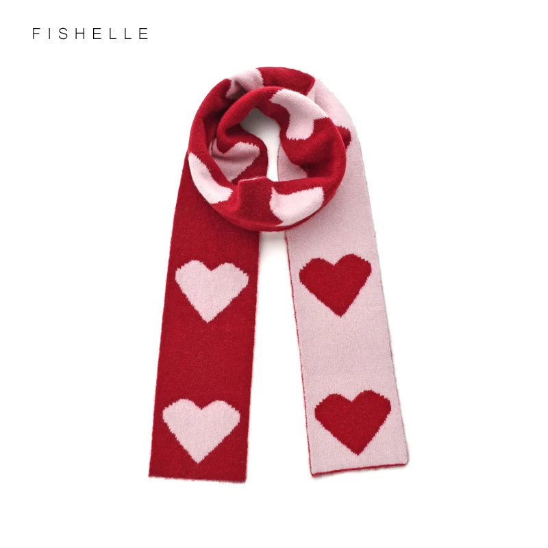 Sweet lovely pink love shape red scarves double-sided wool narrow edition small scarf for girls gift