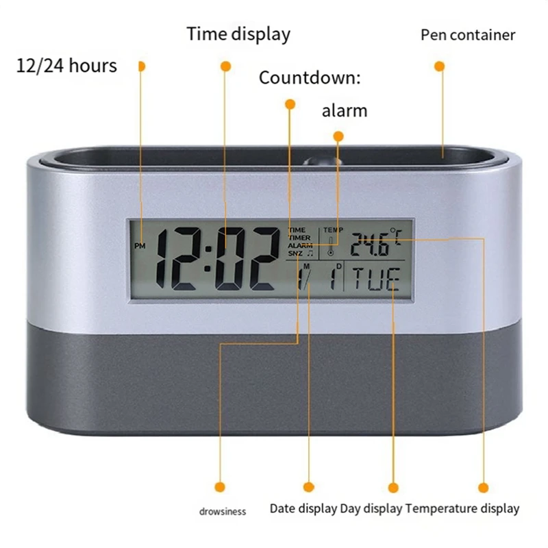 Silent Alarm Clock,Table Clock,Electronic Digital Pen Holder,Tools Name Card Holder,Calendar Temperature Display Timer