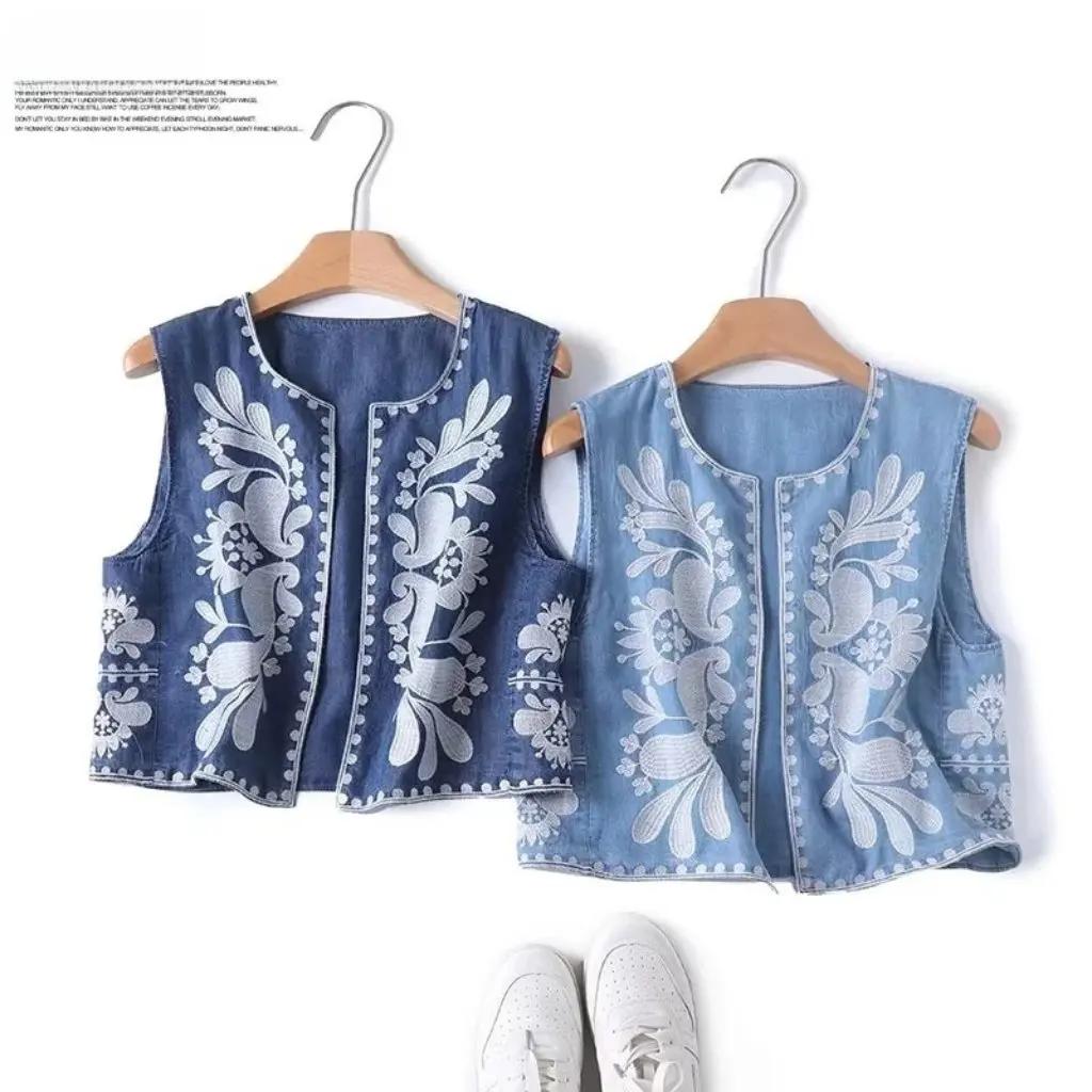

Women's Heavy Embroidery Denim Vest round Neck Cotton Outerwear Summer New Fashion