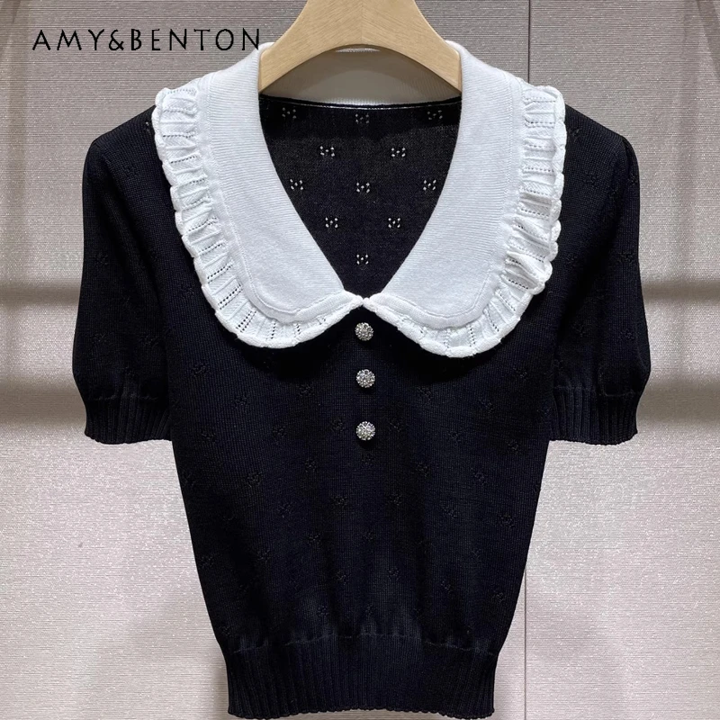

Sweet Splicing Doll Collar Bubble Sleeve Short-sleeved Women's Knitted 2026 New Black Temperament Loose Versatile T-shirt Ladies