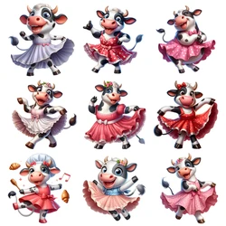 15cm Kids Cartoon Big Dress Dance Cow Iron On Heat Transfer Sticker For Clothes Pinted Vinyl Thermal Washable T-Shirt Decal