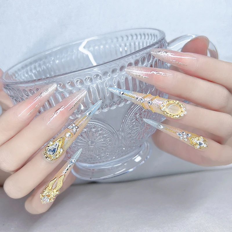 14 pièces (4 longs + 10 courts) ensemble d'ongles Littini en diamant 3D de luxe fait à la main brillant pour les Occasions (mieux que) Kits populaires