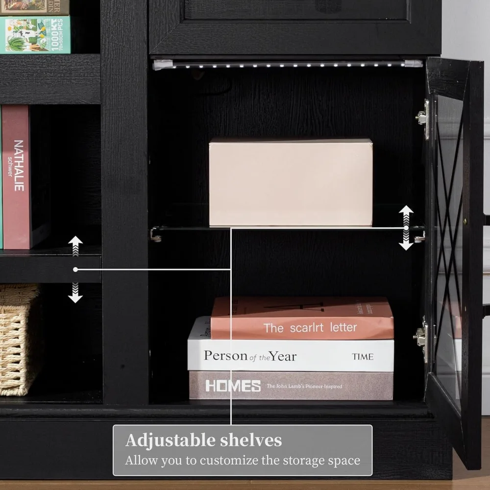 حامل تلفزيون حديث 70 على طراز المزرعة لـ 75-80 تلفزيونًا: مركز ترفيه خشبي أسود مع إضاءة LED وأبواب زجاجية #5