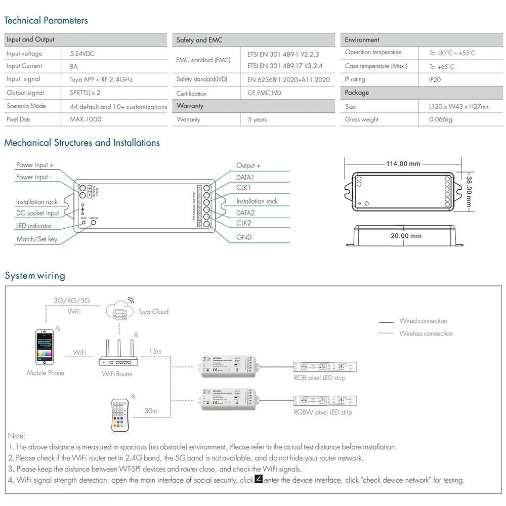 Skydance WZ-SPI Tuya Zigbee SPI LED Controller 5V 12V 24V WS2811 WS2812B SK6812 RGB/RGBW Addressable LED Light  Alexa Google