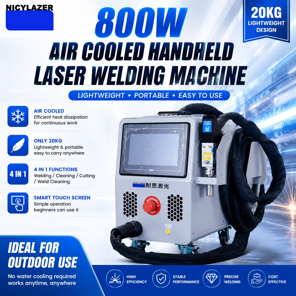 

800W Air Cooled Handheld Fiber Laser Welding Machine | Portable 4 in 1 Laser Welder for Stainless Steel Aluminum Iron Metal