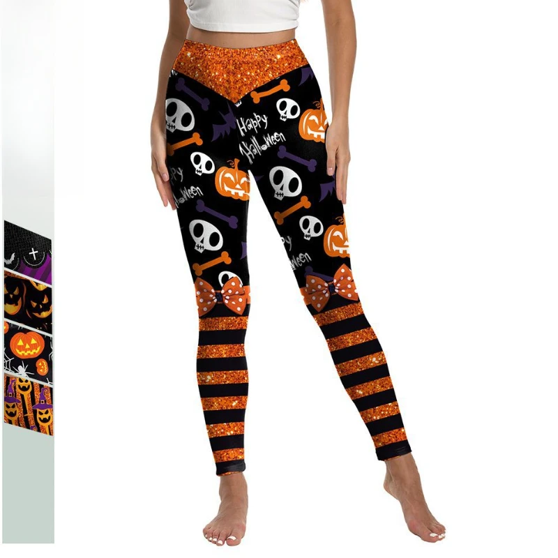 

Halloween Cosplay Leggings for Women Skeleton Pumpkin Printed Stretch Elastic Skinny Fit Push Up Pants Workout Fitness Trousers