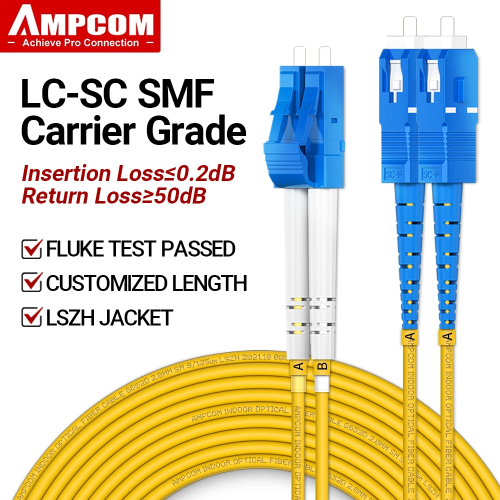 AMPCOM LC to SC UPC Fiber Optical Patch Cable Singlemode Duplex SMF 9/125μm Single Mode Bend Insensitive 2.0mm Fiber Optic Cord