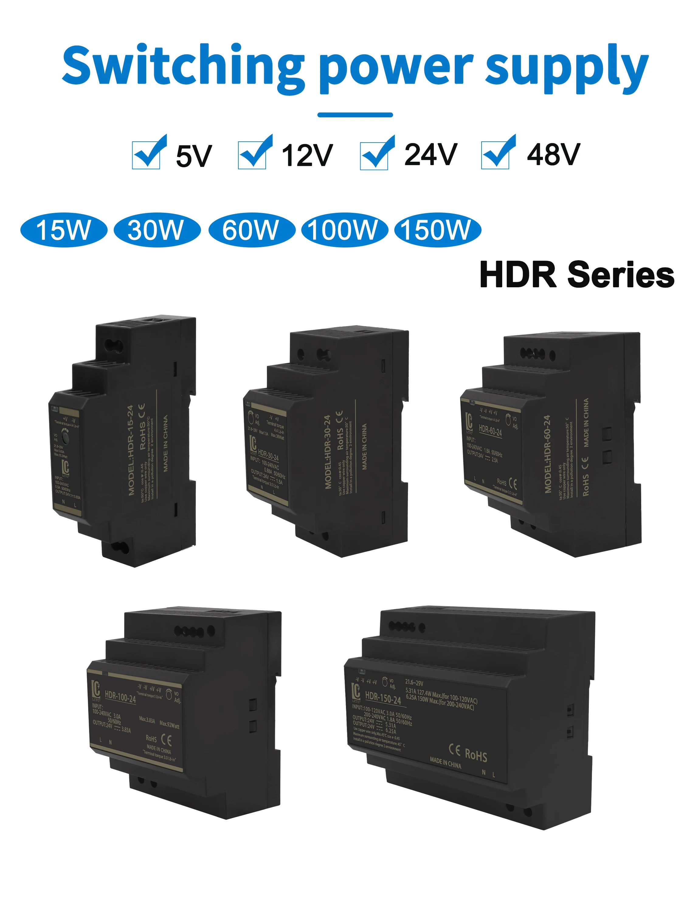 Schaltnetzteil 5 V/12 V/24 V/48 V DIN-Schienen-Netzteil AC zu DC HDR-15/30/60/100/150 W LED-DC-Schaltnetzteil