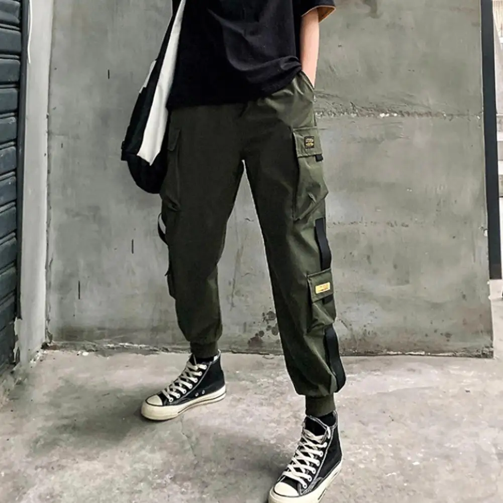 Pantalones Cargo con Bolsillos y cinta negra para mujer, ropa de calle de Hip-Hop, Harajuku, Punk, Harem