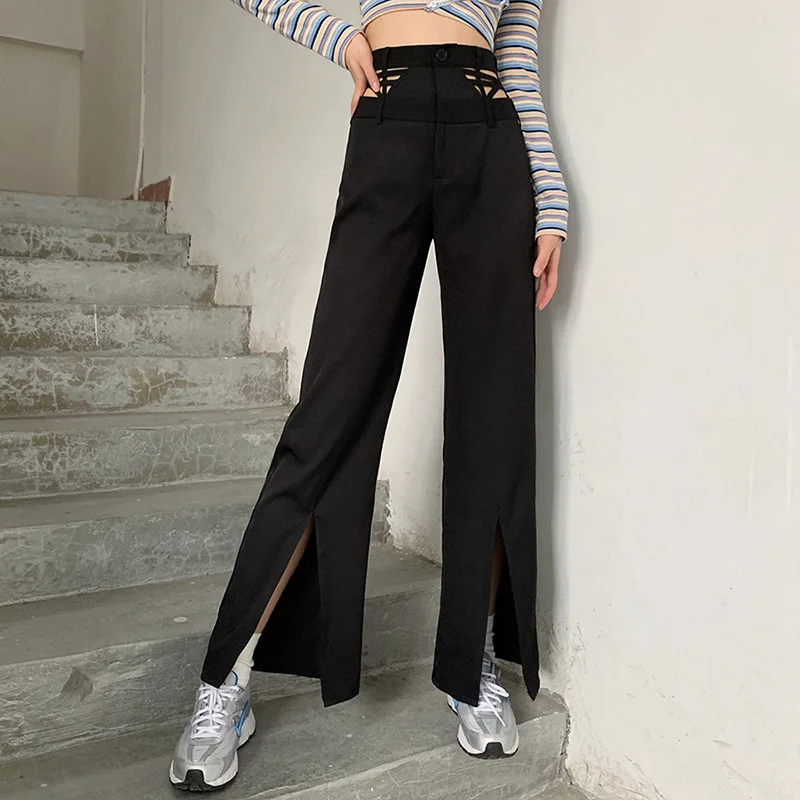 

2024 Spring Women Full Length Black Casual Pants High Elastic Waist Loose Solid Hollow Out Split Flared Leg Trouser Streetwear