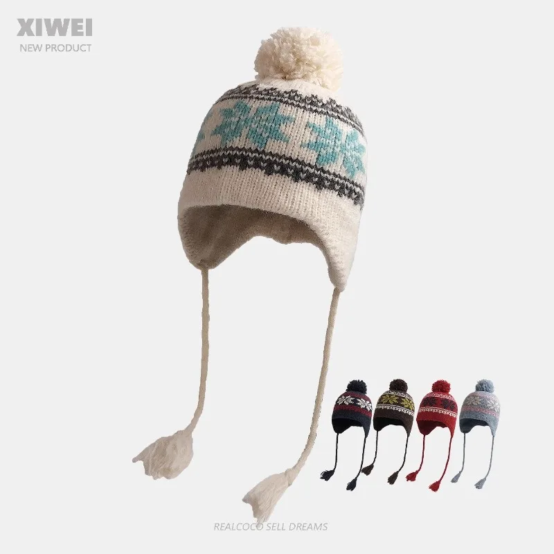 Korean Retro Snowflake Jacquard Cute Pom-pom Pullover Hats Women Autumn and Winter Casual Warm Versatile Straps Beanies Cap Men