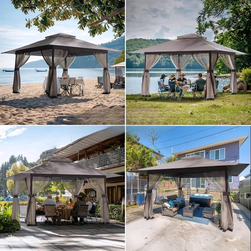 

13x13 Outdoor Patio Gazebo with Mosquito Nettings - Double Roof Pop Up Canopy Tent with Wheeled Carry Bag, for Backyard Deck Law