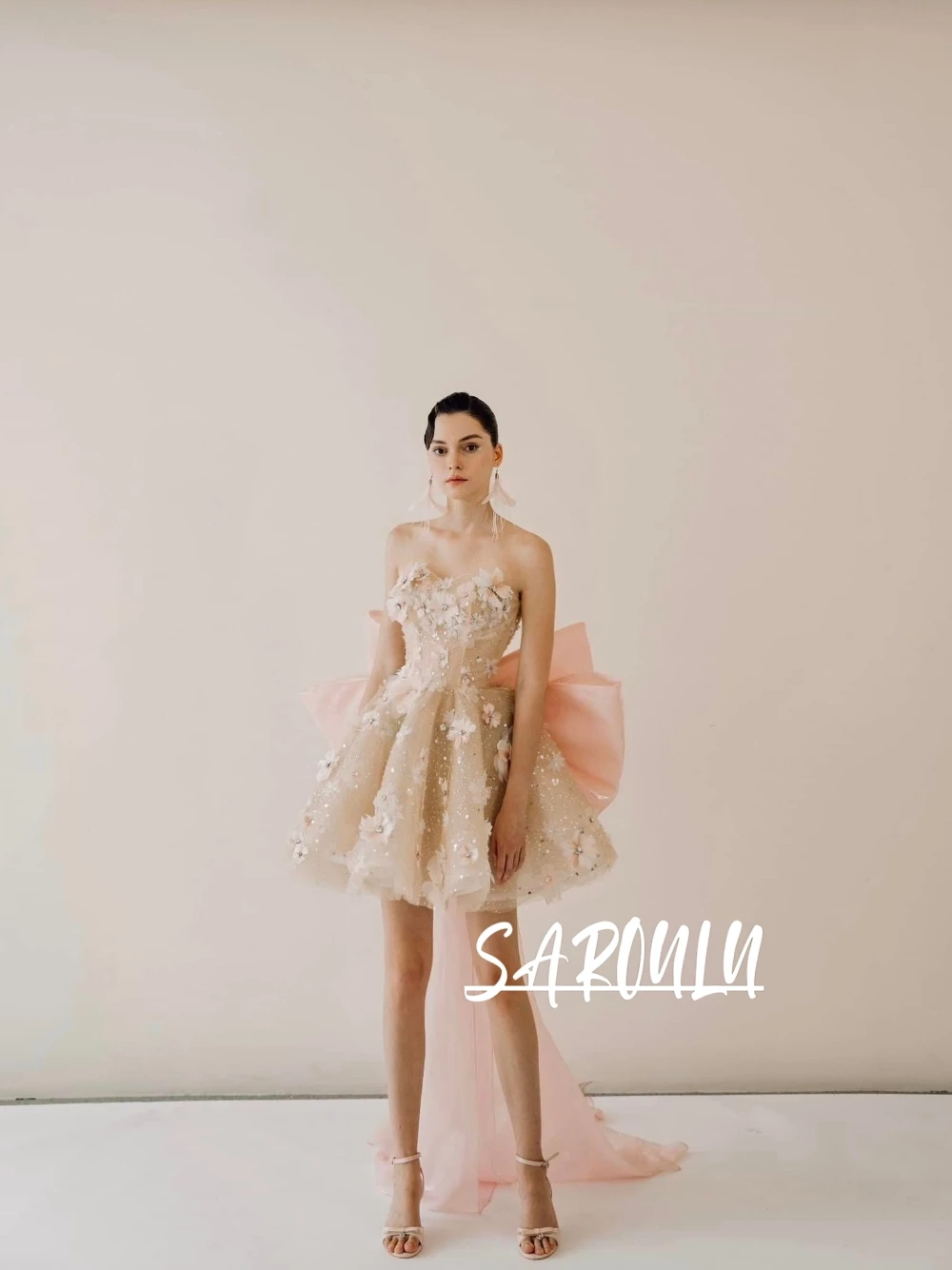 

Floral Romantic Shiny Short Evening Dress With Big Bow Elegant Sweetheart Neckline Customized Cocktail Gown For Birthday Party