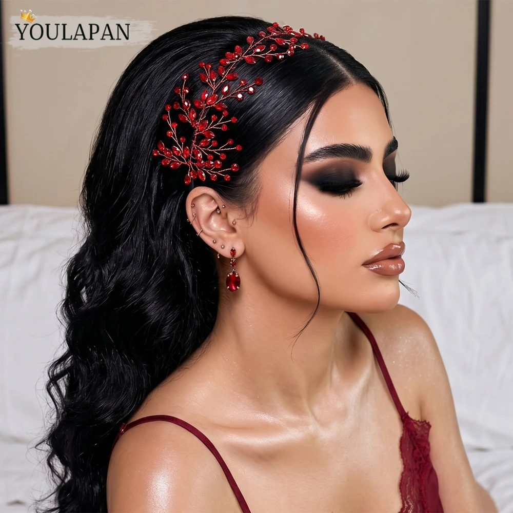 YouLaPan Handmade Red Color Rhinestone Bridal Headband Crystal Hair Hoop Wedding Hair Accessories For Women Bridesmaid HP1026
