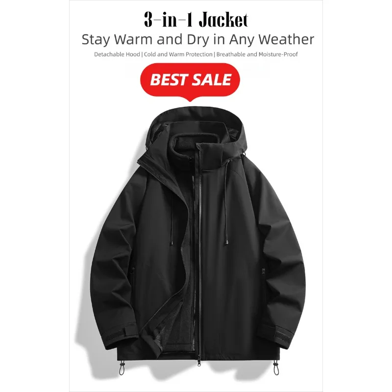 Unisex Hiking Jacket Winter Three-in-One Windproof Waterproof Hooded Coat Keep Warm Fleece Black Camping Fishing Ski Jackets