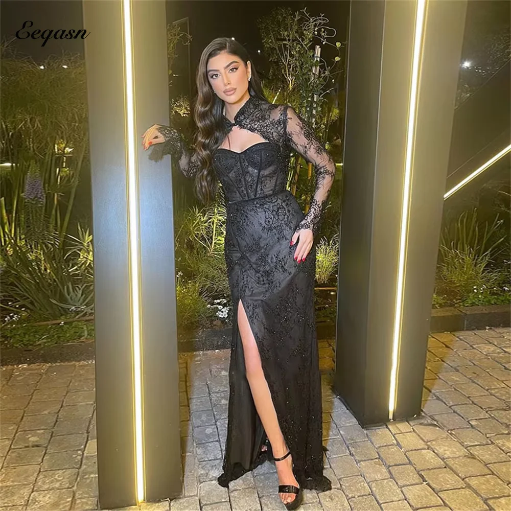 Mermaid Black Evening Dresses Long Sleeves Lace Sexy High Slit Prom Occasion Dress Jacket Vestidos De Fiesta Customized