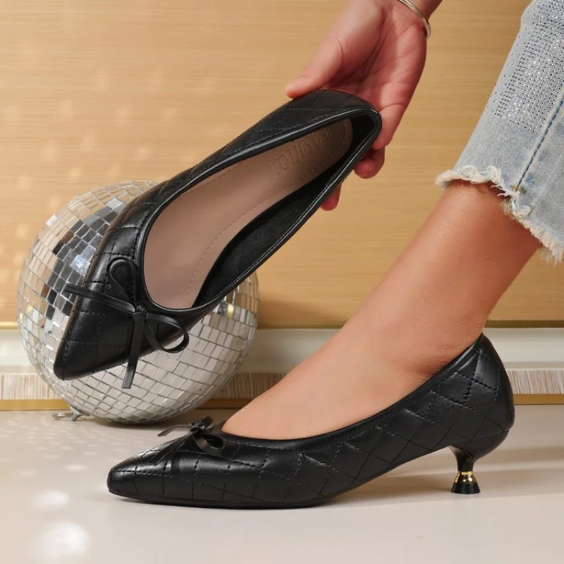 Vintage Women's Pointed Toe Bow Kitten Heels Pumps, Quilted Stiletto Heels for Office & Daily, Sexy Work Shoes Plus Size Leather
