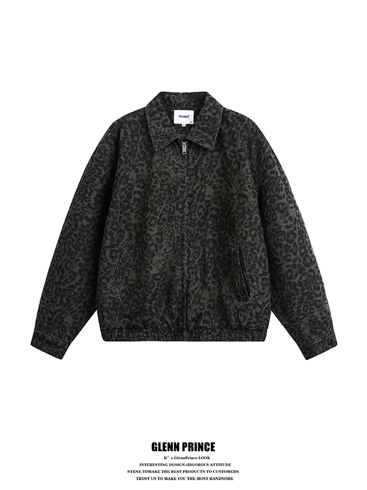 

Мужская джинсовая куртка в американском ретро-стиле с леопардовым принтом на воротнике, на молнии, свободного кроя, для молодежи, ветрозащитная, весна-осень